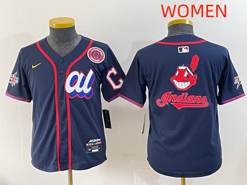 Women 2025 Cleveland Indians Blank Drak Blue All star Blank Blue Nike MLB Jersey style 3